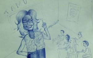 A drawing of a woman with glasses and a pen in her hand.